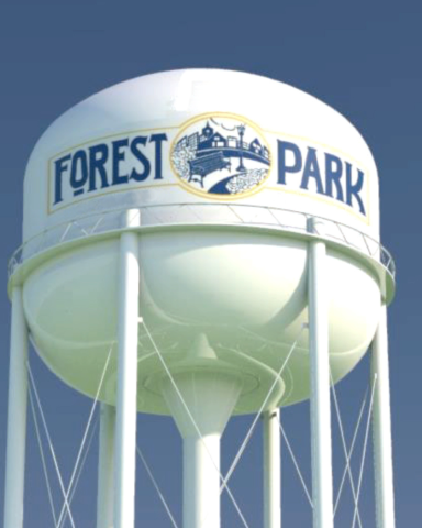 photo of Forest Park water tower with Forest Park logo