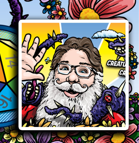 a jovial white man with a beard waving and surrounded by a technicolor background with flower petals, buildings, and other elements