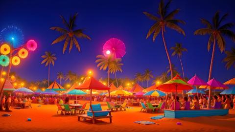 a tropical beach scene at night with a pink sun and orange sand