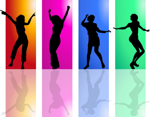 four colored blocks, orange, pink, blue and green, each with a black silhouette of a dancer in front of it