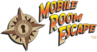 a company logo with a brown compass graphic and the words "mobile room escape" in yellow and orange letters