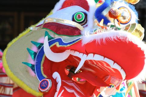 Close up image of the dragon head from a Chinese dragon dancer 