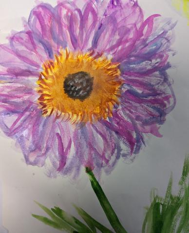 A watercolor  painting of a large purple flower with a gold and dark brown center