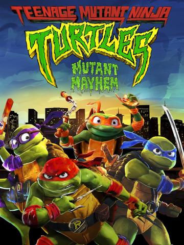 Teenage Mutant Ninja Turtles Mutant Mayhem cover. The turtles assemble in front of a city backdrop