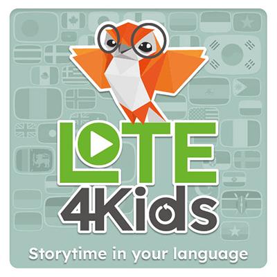 The LOTE4Kids logo. A friendly-looking cartoon owl orange and white owl perches with outstretched wings on the words LOTE4Kids