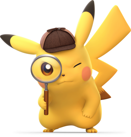 Pikachu, the rabbit-like yellow Pokemon, wears a brown detective cap and holds up a magnifying glass.