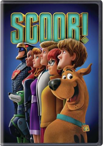 The main characters of Scoob! are lined up in profile with Scooby-Doo in front, the only one looking and smiling at the camera. In the lineup are the rest of the Scooby gang, Velma, Fred, and Daphne standing very straight and stoic. At the end of the line are a young black woman in what appears to be a spandex red and blue superhero suit, a costumed and masked light grey Doberman, and a man in a half armor, half-spandex costume that makes him look like an eagle.