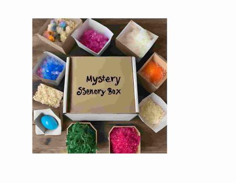 AI generated image of boxes filled with various objects surrounding a box in the center labeled Mystery Sensory Box.