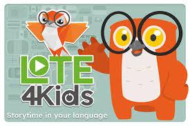 A friendly-looking cartoon owl with oversize glasses waves its left wing. To the left of it is the logo text for LOTE4Kids online. There is a triangle "play" icon in the center of the O in "LOTE." Another smaller version of the cartoon owl perches on the top of the text with its wings outstretched.