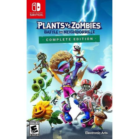 Cover art for plants vs. zombies battle for neighborville featuring a sunflower, roller skating zombie, football player zombie, peashooter plant, an acorn, mushroom monster, and a soldier zombie.