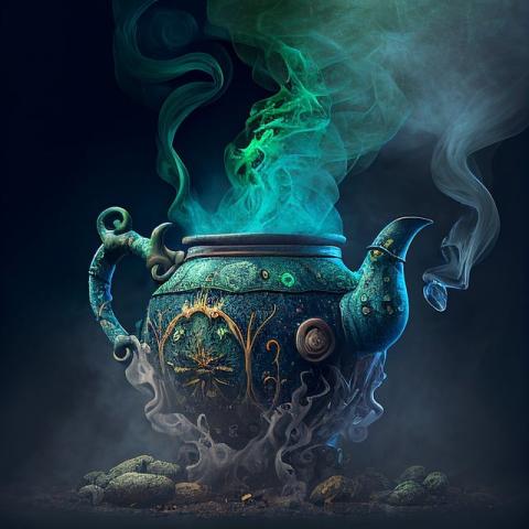 A photo-realistic illustration of a mysterious cauldron-like tea kettle against a dark background. The kettle has a number of cryptic and elaborate engravings on it and pouring out from the top is a bluish-green smoke.