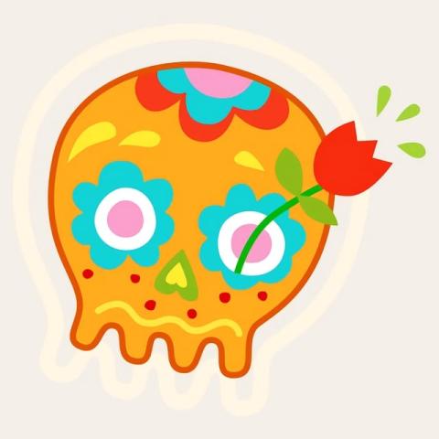 A cartoon representation of a sugar skull with marigold decorations around the eye sockets, and at the top of the skull. A red tulip crosses the sugar skull on the right side.