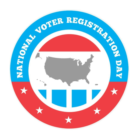 national voter registration day logo. Red, white and blue and outline of the united states 