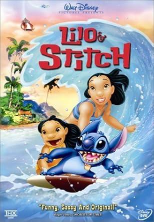 An adult Hawaiian woman, a Hawaiian girl, and a blue alien with big ears riding a surfboard on a wave. There is a beach with palm trees and a sunset in the background. The words Lilo and Stitch appear in red at the top.