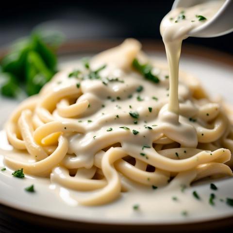 close up of noodles covered with white alfredo sauce, with a spoon in the upper righthand corner pouring sauce on the noodles