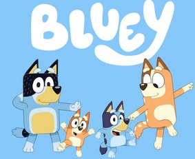 Cartoon illustrations of the Heeler family dancing, Bandit, Bingo, Bluey, and Chili, under the word "Bluey"