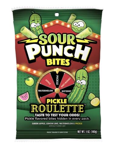 Bag of Sour Punch bites pickle roulette candy. There are images of green candy,  two cartoon pickles with a funny face, a green fruit with a funny face, and a roulette wheel listing the various possible flavors.