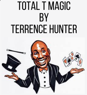 Illustration of Terrence Hunter, a smiling Black man dressed in a short cutaway tuxedo jacket and a bow tie. He is balancing a top hat and a wand in one hand and several floating cards in the other.