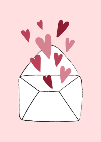 image courtesy of mediamodifier on Pixabay. A cartoon sketch of an open envelope with a stream of pink and red hearts of various sizes coming out the top of the envelope opening.