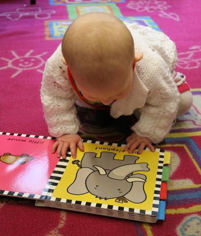 A photo of  a baby on all fours gazing down at a brightly colored board book