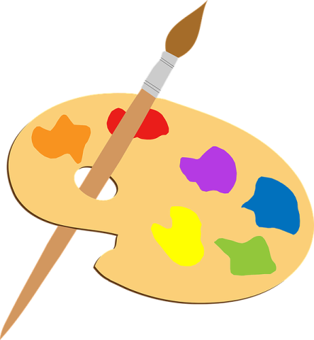 An illustration of an artist's palette with splotches of paint in various colors with a paintbrush poking through the opening..