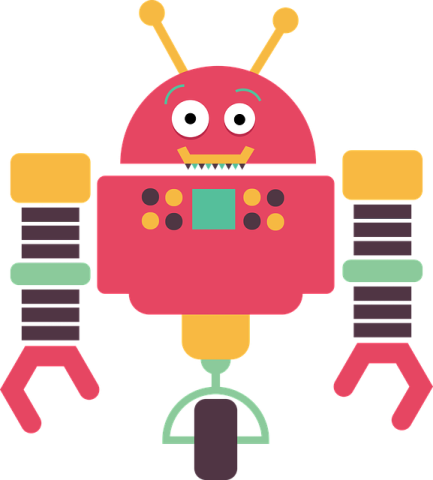 A cartoon illustration of a round robot with springy arms that is mounted on a single wheel.