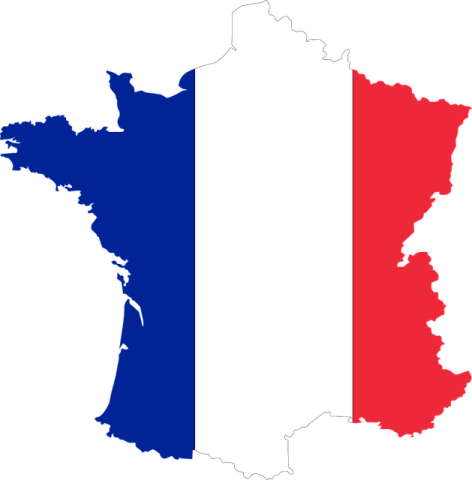 Illustration of the country of  France, with blue, white, and red stripes of the French flag juxtaposed onto its outline.