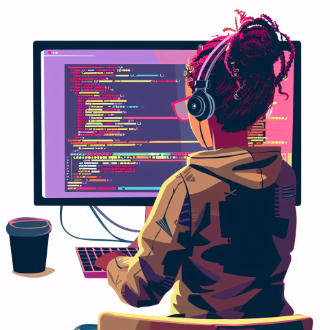 a cartoon of a teen girl facing a computer screen showing lines of computer code