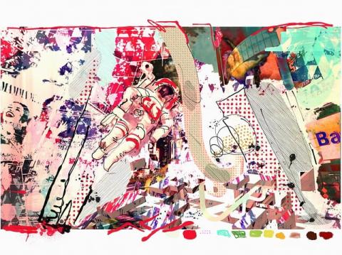 a collage of white and pink images, including a spacesuit in the foreground