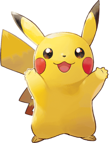 An illustrated image of the Pokemon character Pikachu, a happy, rotund, rabbit-like yellow creature with black markings and rosy cheeks. Pikachu is standing with his paws raised, almost in celebration.