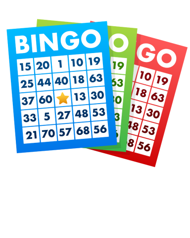 Blue, green and red bingo cards with various numbers in columns