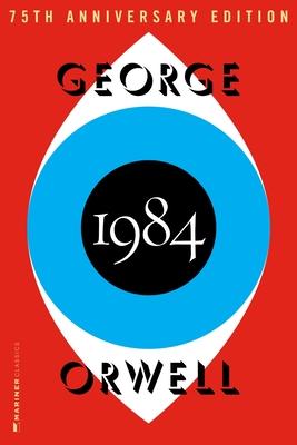 red cover with image of a blue eye with the title 1984 and author's name George Orwell. 