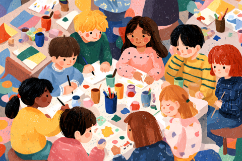 An illustrated image of a diverse group of children sitting around a table with art supplies littered all over it.