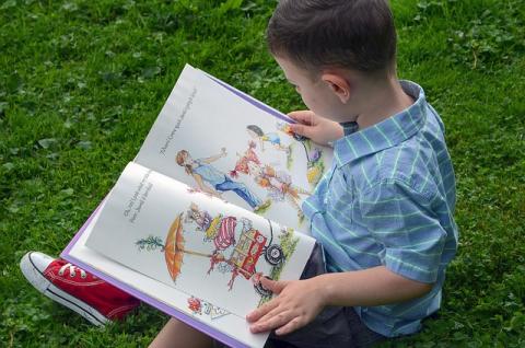 Photo of a preschool-age boy sitting on the grass with a picture book open on his lap before him.