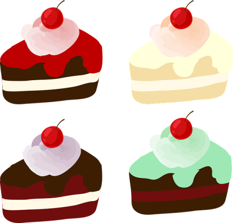 Illustrated image of four slices of cakes, one chocolate with red frosting, a vanilla cake with white frosting, a chocolate cake with chocolate frosting, and a chocolate cake with green frosting.