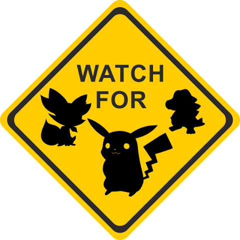 Illustration of what is a spoof of a yellow road sign that reads "Watch For" surrounded by the silhouettes of several Pokemon