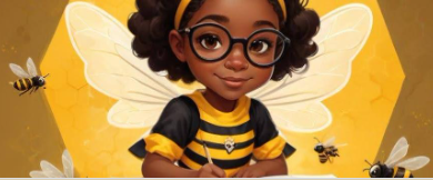 An illustrated image prominently featuring a little Black girl with glasses, holding a book and dressed in a bee costume, with a few little bumblebees off to the side.