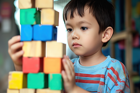 Close-up photo of a preschool-age boy with dark hair and a striped shirt. He is stacking wooden blocks.