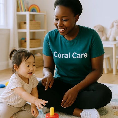 A young Black woman wearing a Coral Care t-shirt sits cross-legged on the floor facilitating play with a toddler who is playing with a ring stacker.