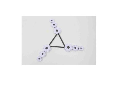 White paper flowers with a black center on a black triangle frame.