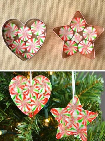 a heart and star shaped cookie cutters with star mints against a tan background on the top, and a heart and star shaped ornaments against a green tree background on the bottom