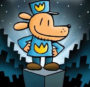 Ilustrated image of Dav Pilkey's character, dog man: a half-dog, half-cop.
