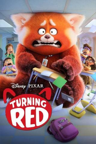 Image from Turning Red with a giant red panda awkwardly sitting at a school desk  (and knocking it over) with a panicked expression on its face as schoolkids look on.