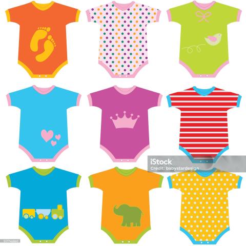 Illustration of baby onesies, laid out in a 3 x 3 image, each in different bright colors and patterns.