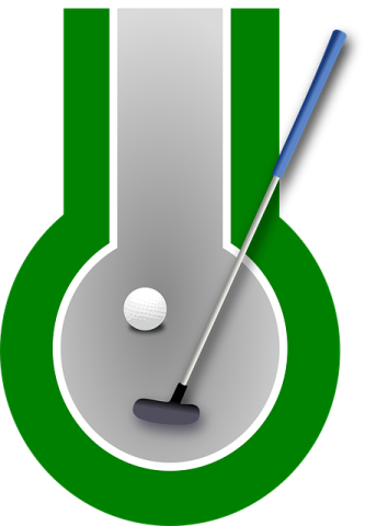 Illustration of a mini golf hole, a putter, and a golf ball as seen from above.