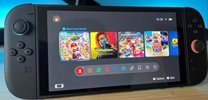 Close up photo of Nintendo's Switch2 gaming console with the home screen displayed.
