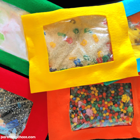 Photo of several colorful DIY pouches filled with small colorful item.