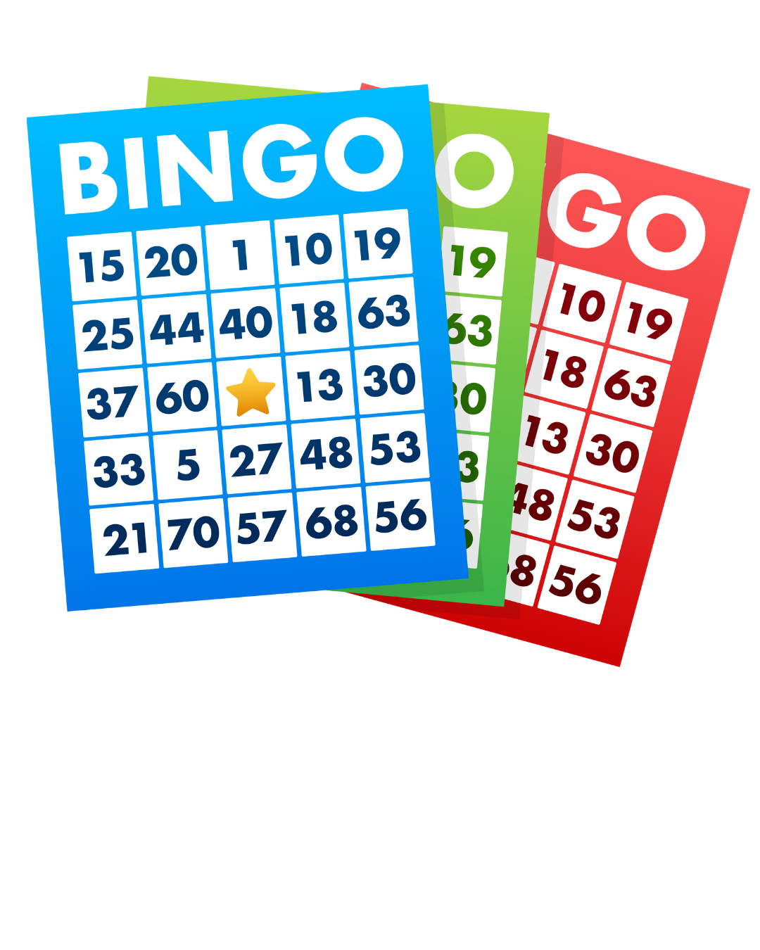 three bingo cards in blue, green and red