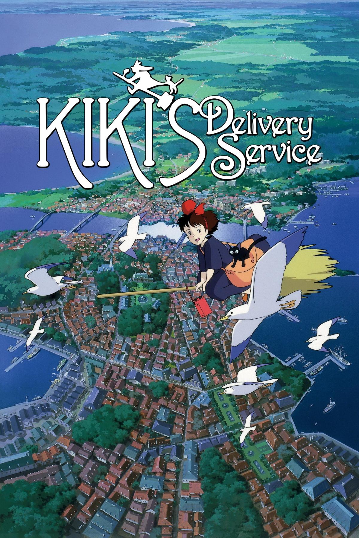 a movie poster with "Kiki's Delivery Service" in white text over a sky view of a city. kiki, a young girl in a black dress and red headband, rides a broom in the foreground surrounded by white birds