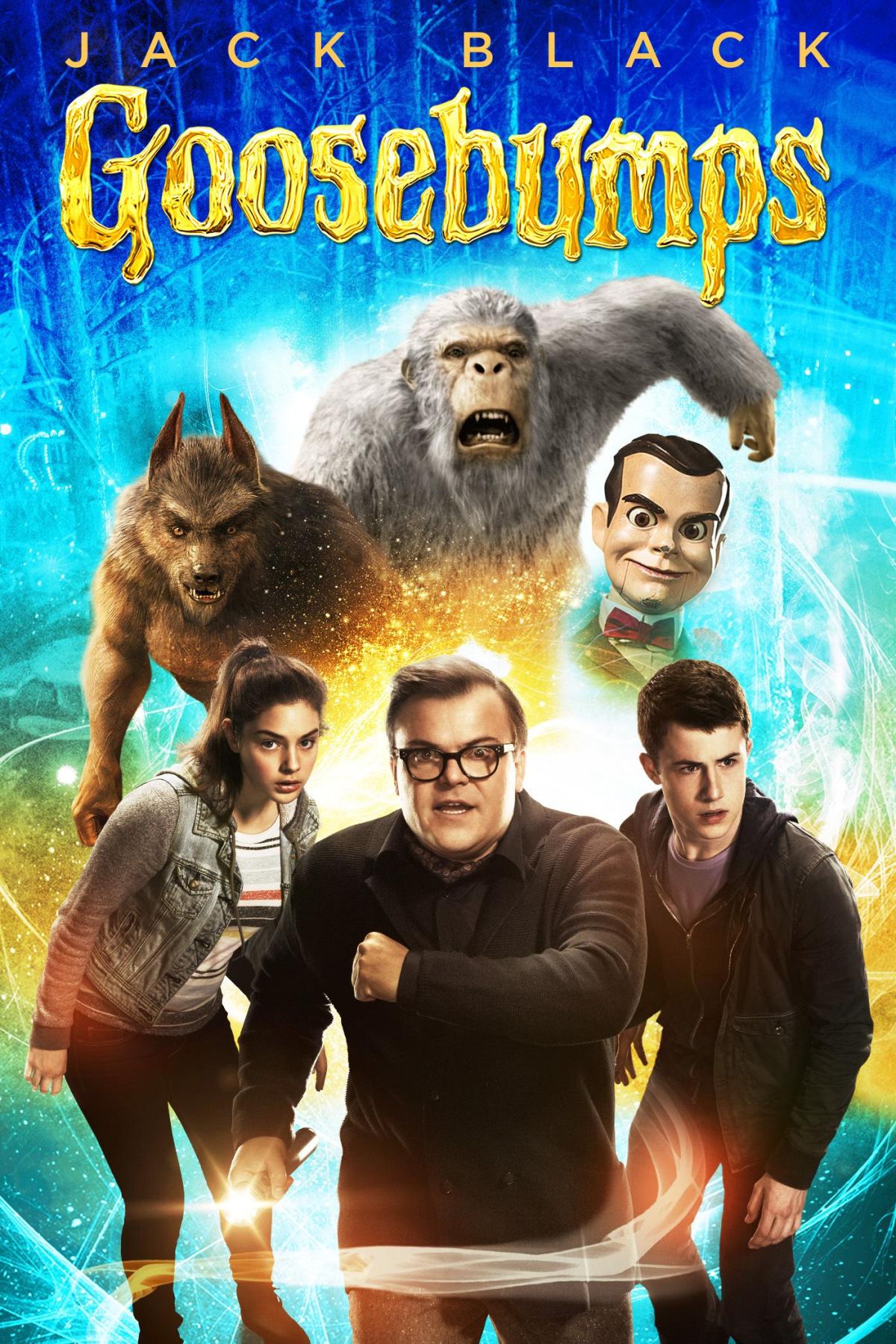 A bespectacled Jack Black runs toward the viewer in the foreground with two concerned teens peering behind him as if looking for threats. Behind them in the background loom the face of Slappy, the ventriloquist puppet from the series, a werewolf, and a threatening gray primate creature.